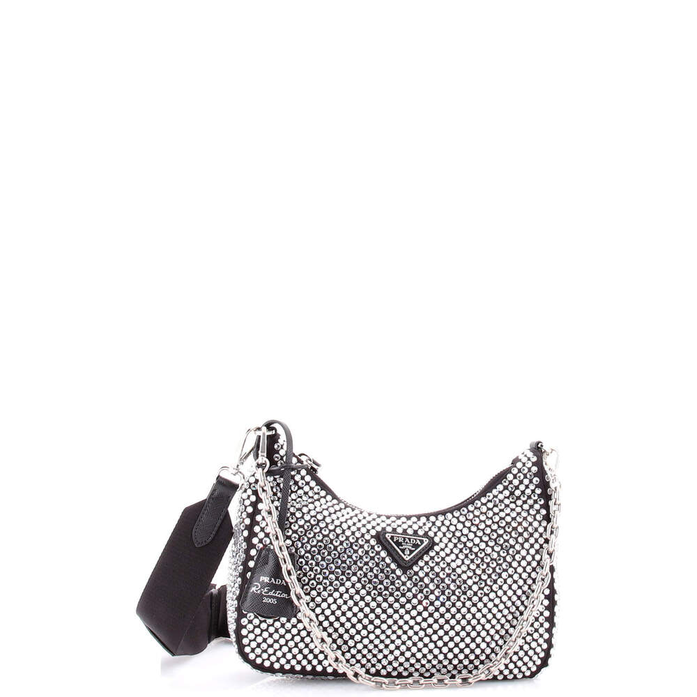Prada Small Re-Edition 2005 Shoulder Bag Crystal Embellished Satin